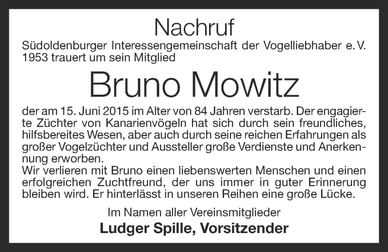  Traueranzeige für Bruno Mowitz vom 19.06.2015 aus OM-Medien