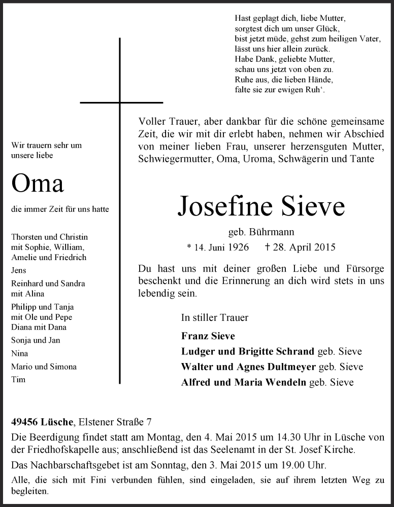  Traueranzeige für Josefine Sieve vom 29.04.2015 aus OM-Medien