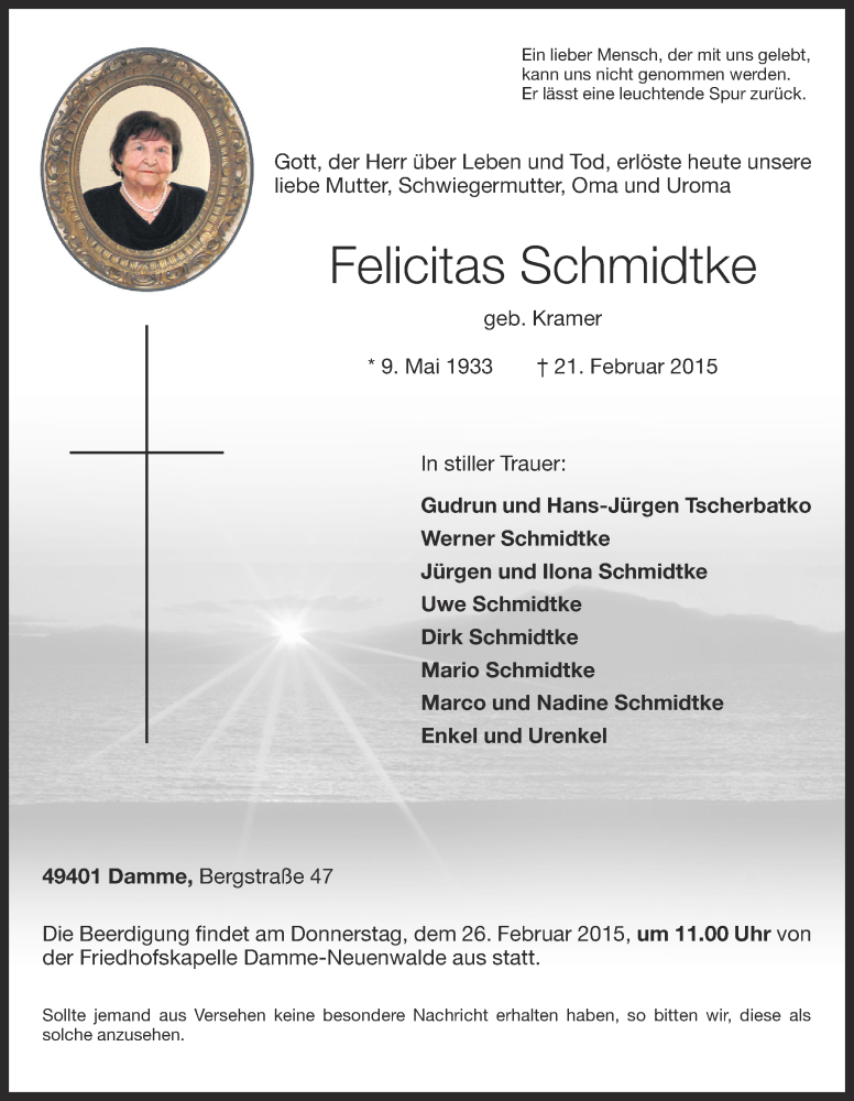  Traueranzeige für Wilhelm  und Felicitas Schmidtke vom 23.02.2015 aus OM-Medien