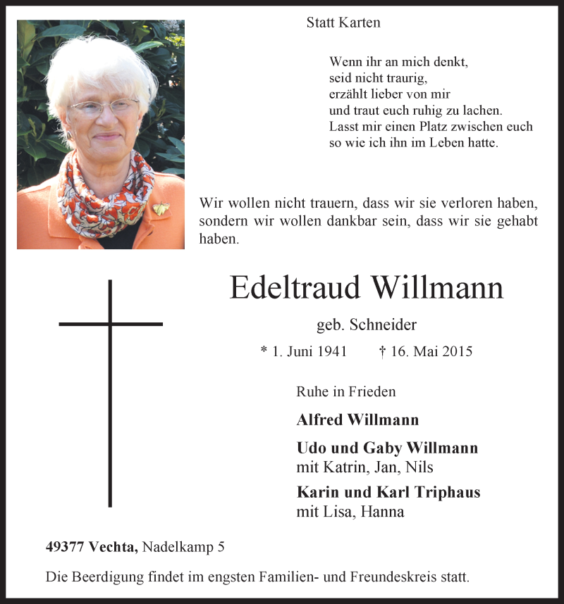  Traueranzeige für Edeltraud Willmann vom 18.05.2015 aus OM-Medien