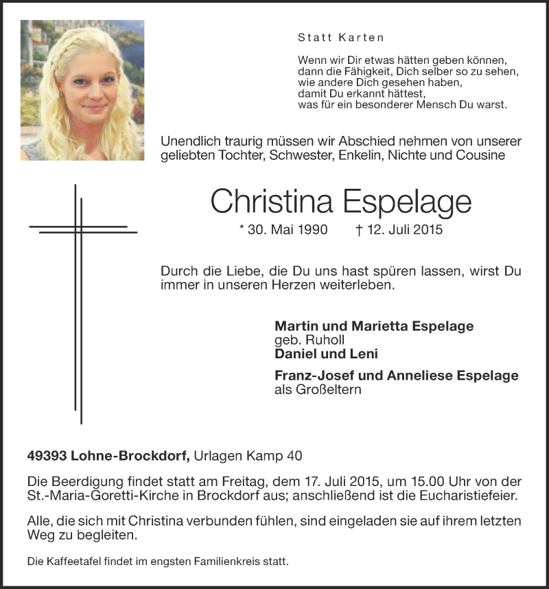  Traueranzeige für Christina Espelage vom 15.07.2015 aus OM-Medien
