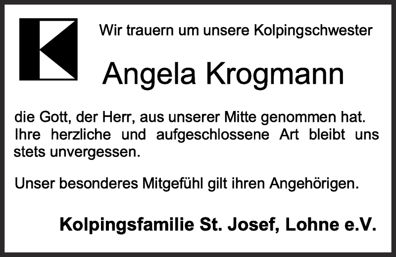  Traueranzeige für Angela Krogmann vom 12.08.2015 aus OM-Medien