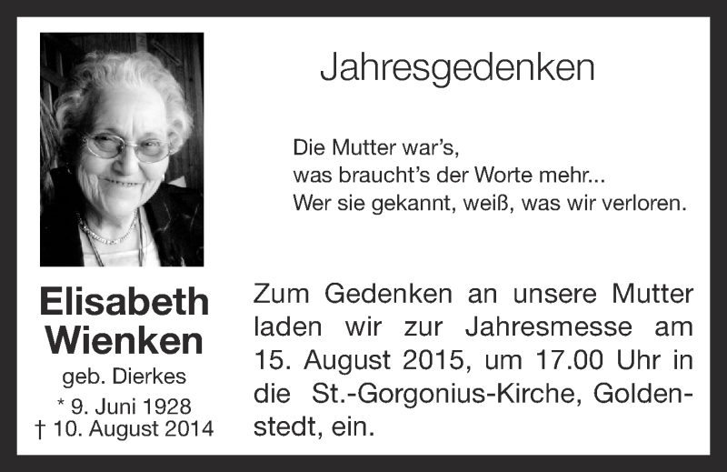  Traueranzeige für Elisabeth Wienken vom 10.08.2015 aus OM-Medien