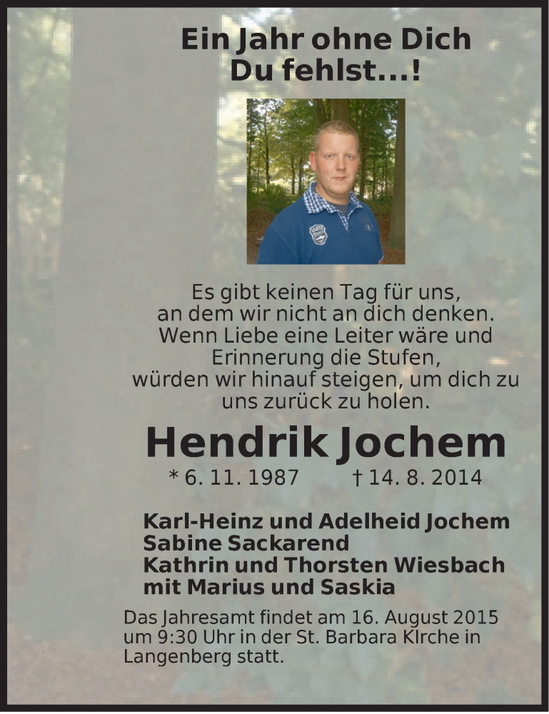  Traueranzeige für Hendrik Jochem vom 14.08.2015 aus OM-Medien