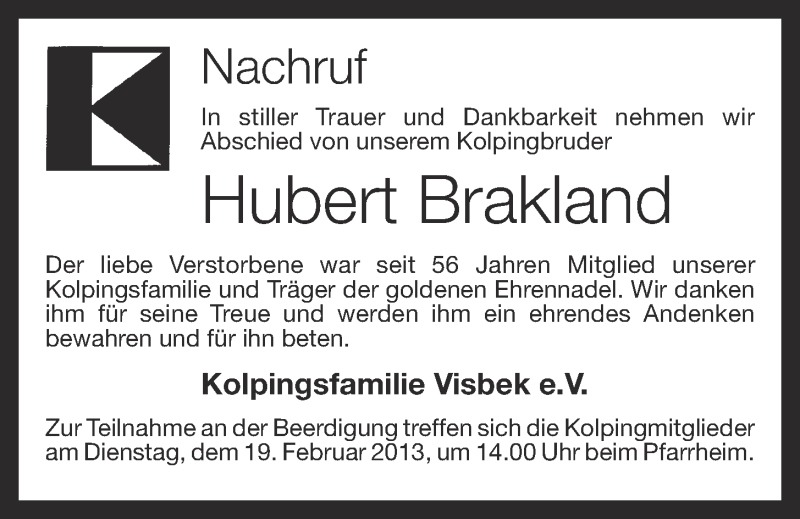  Traueranzeige für Hubert Brakland vom 18.02.2013 aus OM-Medien