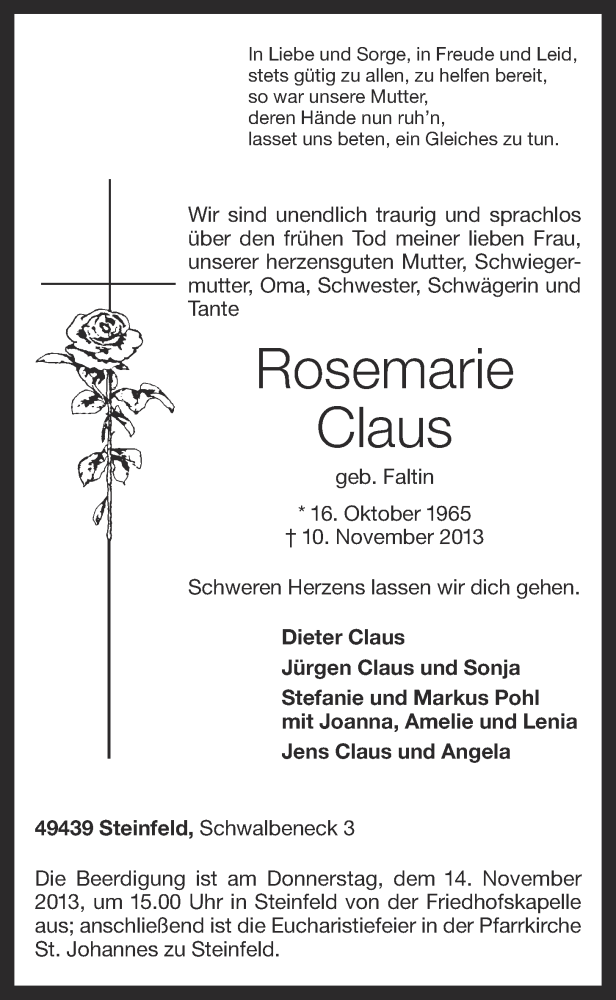  Traueranzeige für Rosemarie Claus vom 11.11.2013 aus OM-Medien