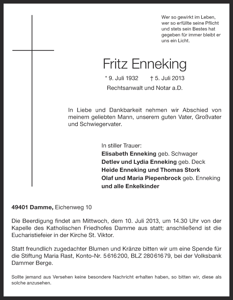  Traueranzeige für Fritz Enneking vom 08.07.2013 aus OM-Medien