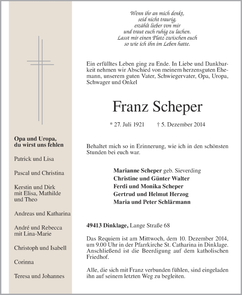  Traueranzeige für Franz Scheper vom 08.12.2014 aus OM-Medien