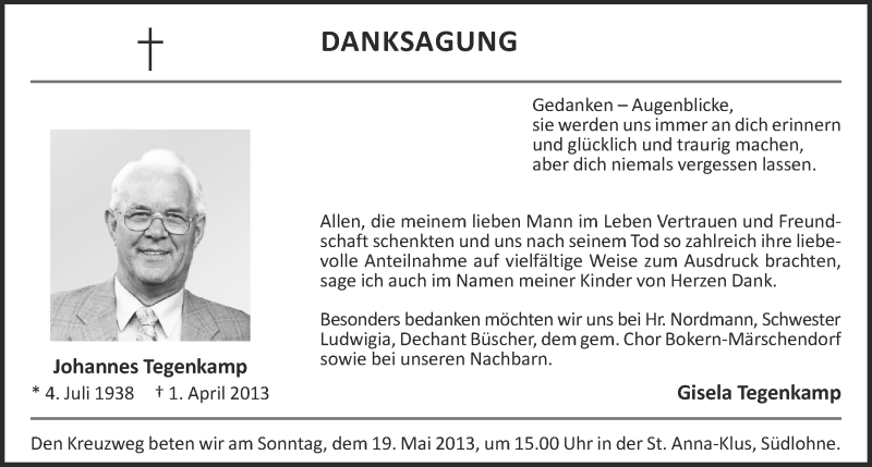  Traueranzeige für Johannes Tegenkamp vom 17.05.2013 aus OM-Medien