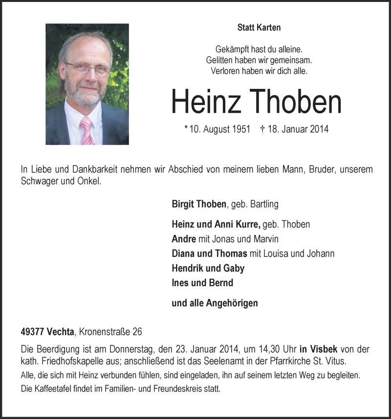  Traueranzeige für Heinz Thoben vom 20.01.2014 aus OM-Medien