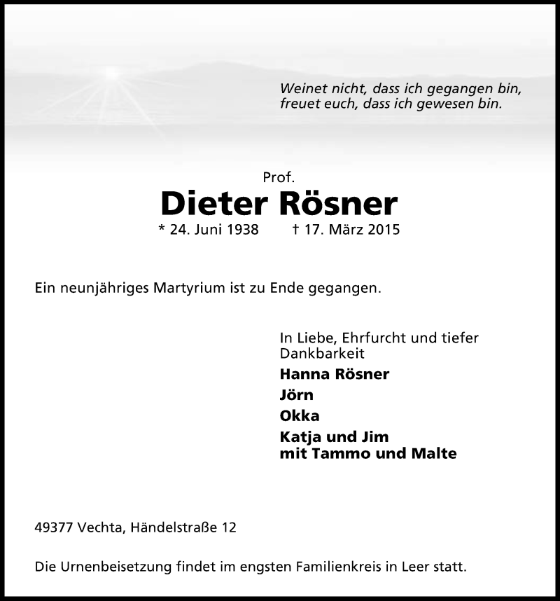  Traueranzeige für Dieter Rösner vom 24.03.2015 aus OM-Medien