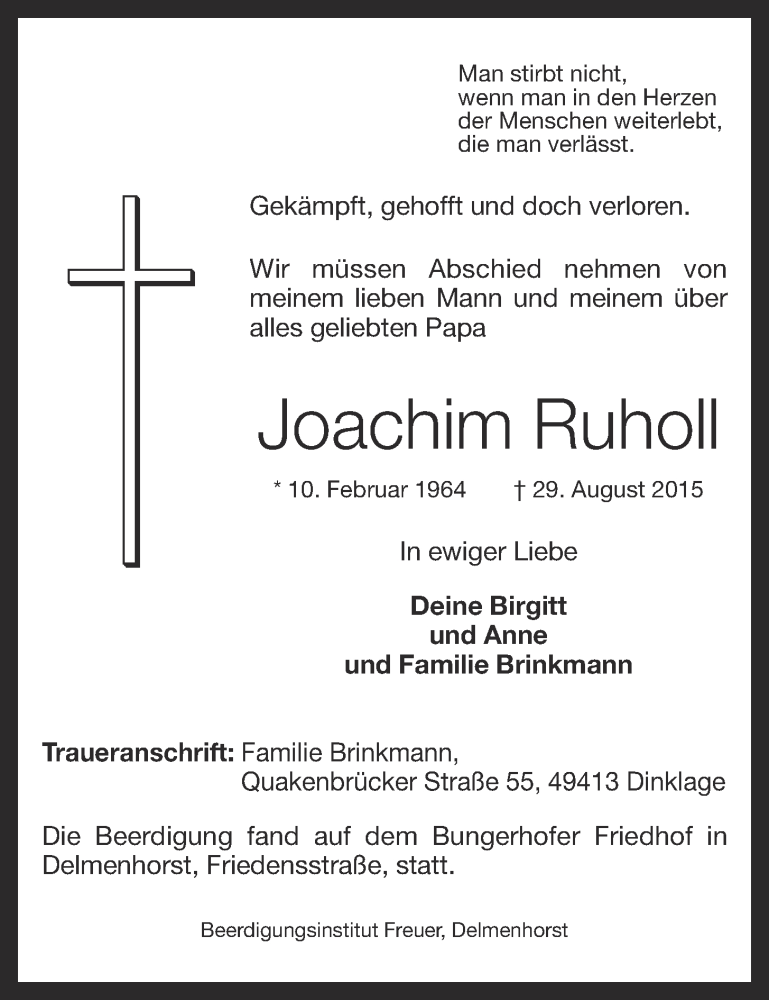  Traueranzeige für Joachim Ruholl vom 05.09.2015 aus OM-Medien