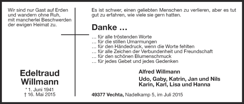  Traueranzeige für Edeltraud Willmann vom 16.07.2015 aus OM-Medien