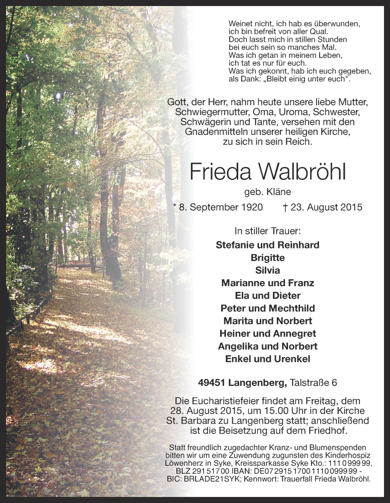  Traueranzeige für Frieda Walbröhl vom 25.08.2015 aus OM-Medien