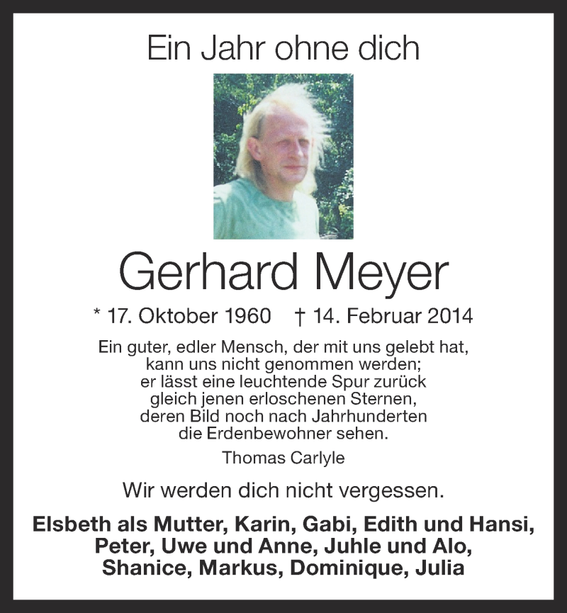  Traueranzeige für Gerhard Meyer vom 14.02.2015 aus OM-Medien