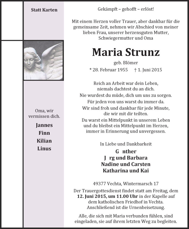  Traueranzeige für Maria Strunz vom 04.06.2015 aus OM-Medien