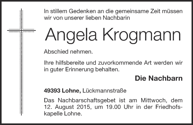  Traueranzeige für Angela Krogmann vom 11.08.2015 aus OM-Medien