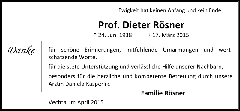  Traueranzeige für Dieter Rösner vom 27.04.2015 aus OM-Medien