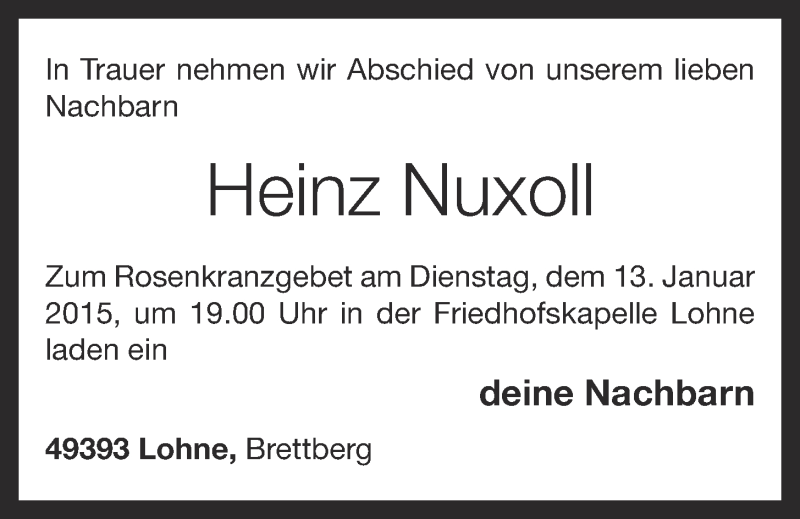  Traueranzeige für Heinz Nuxoll vom 12.01.2015 aus OM-Medien