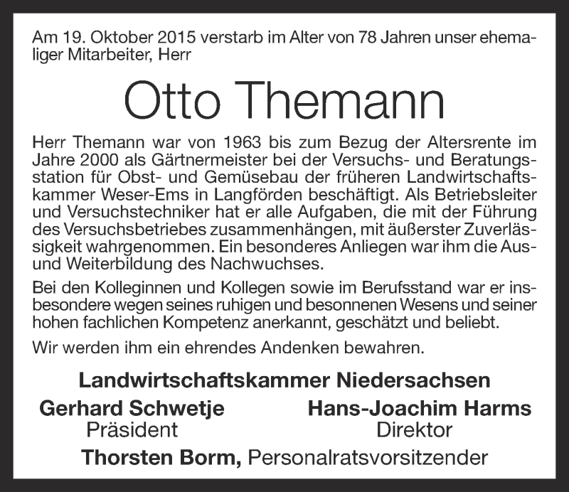  Traueranzeige für Otto Themann vom 24.10.2015 aus OM-Medien
