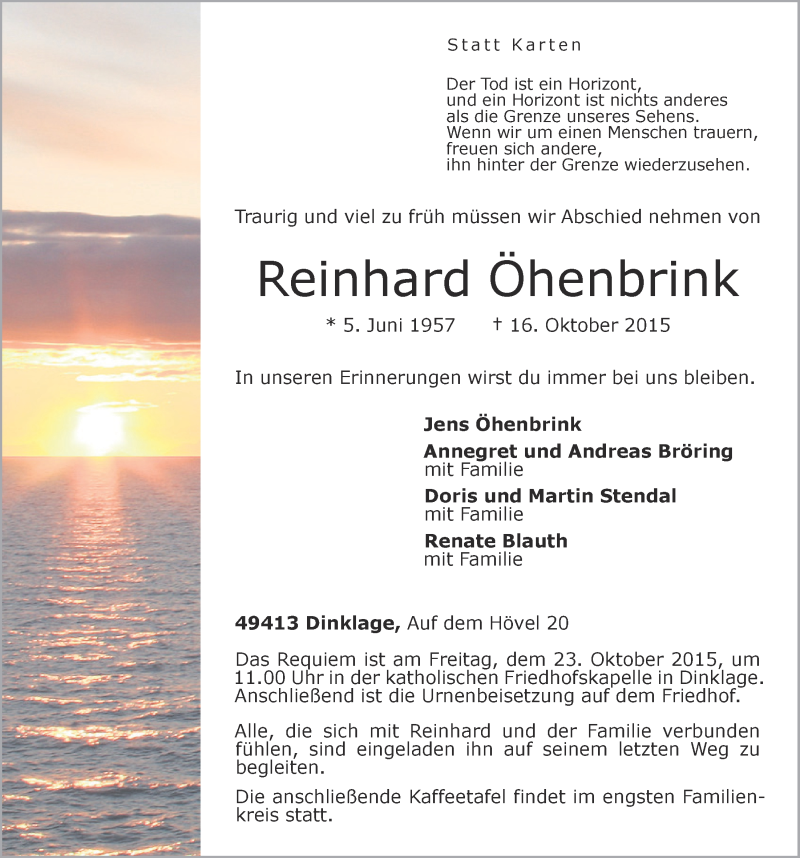  Traueranzeige für Reinhard Öhenbrink vom 19.10.2015 aus OM-Medien