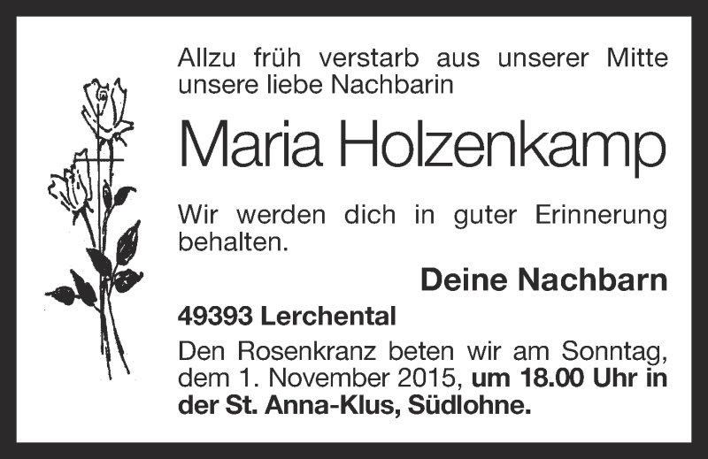 Traueranzeige für Maria Holzenkamp vom 31.10.2015 aus OM-Medien