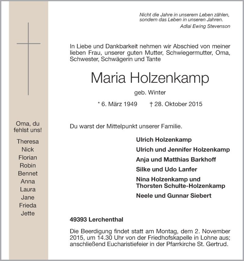  Traueranzeige für Maria Holzenkamp vom 30.10.2015 aus OM-Medien