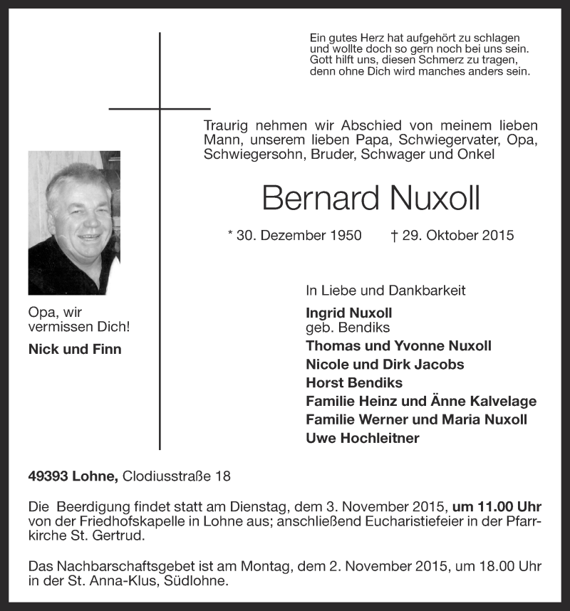  Traueranzeige für Bernard Nuxoll vom 31.10.2015 aus OM-Medien