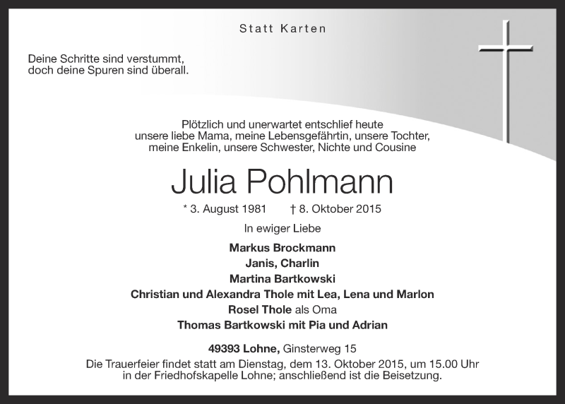  Traueranzeige für Julia Pohlmann vom 10.10.2015 aus OM-Medien