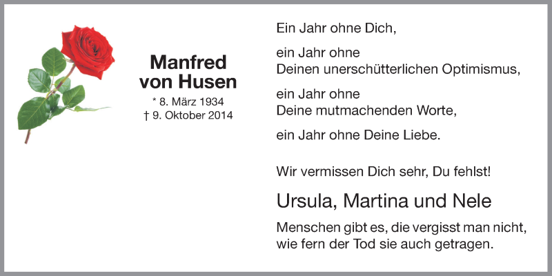  Traueranzeige für Manfred von Husen vom 09.10.2015 aus OM-Medien