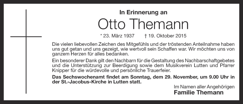  Traueranzeige für Otto Themann vom 26.11.2015 aus OM-Medien