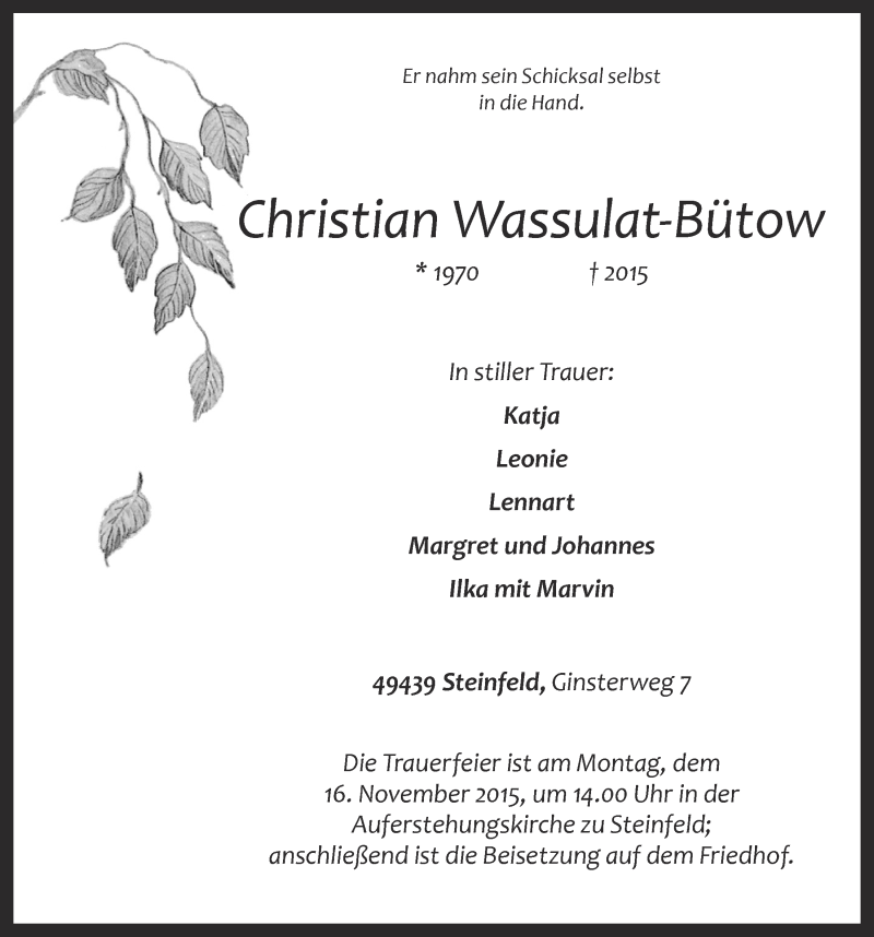  Traueranzeige für Christian Wassulat-Bütow vom 13.11.2015 aus OM-Medien