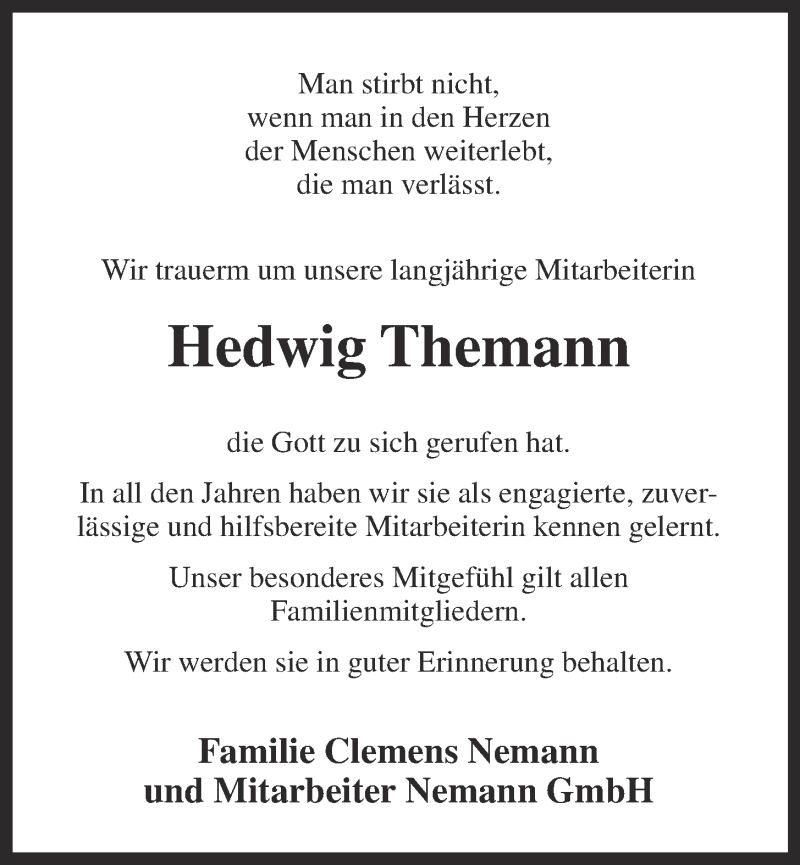  Traueranzeige für Hedwig Themann vom 17.11.2015 aus OM-Medien