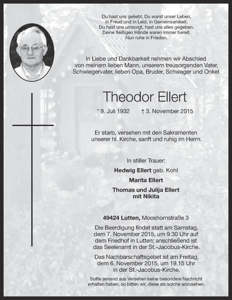  Traueranzeige für Theodor Ellert vom 04.11.2015 aus OM-Medien