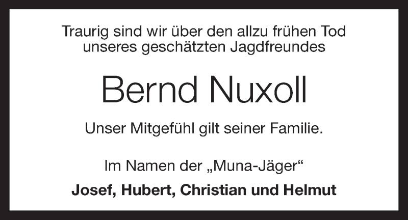  Traueranzeige für Bernard Nuxoll vom 02.11.2015 aus OM-Medien