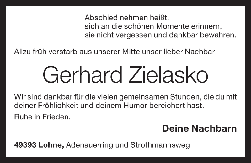  Traueranzeige für Gerhard Zielasko vom 02.11.2015 aus OM-Medien