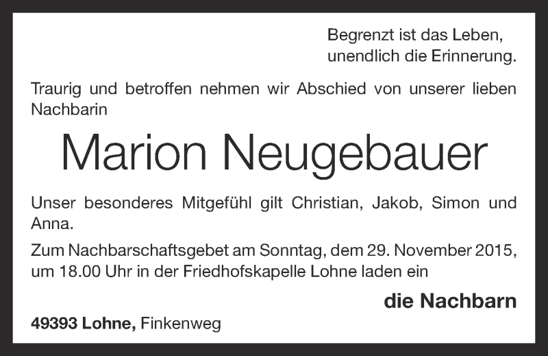  Traueranzeige für Marion Neugebauer vom 28.11.2015 aus OM-Medien