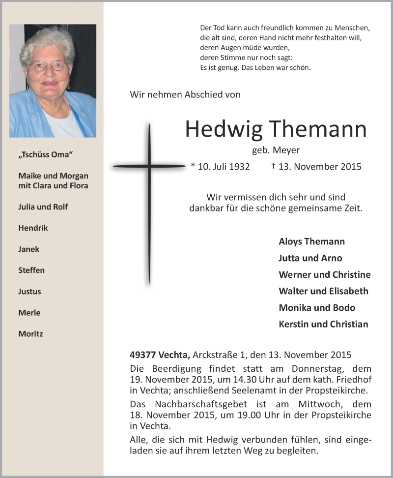  Traueranzeige für Hedwig Themann vom 14.11.2015 aus OM-Medien