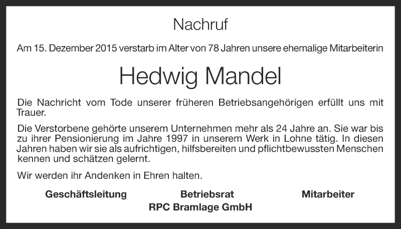 Traueranzeige für Hedwig Mandel vom 18.12.2015 aus OM-Medien