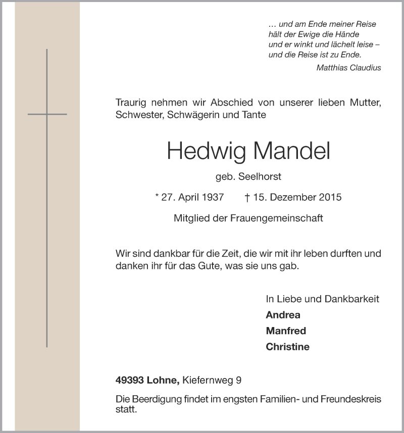  Traueranzeige für Hedwig Mandel vom 16.12.2015 aus OM-Medien