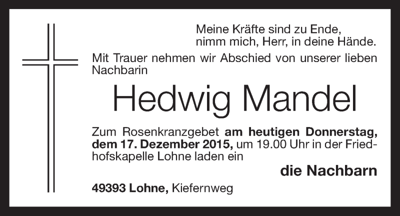 Traueranzeige für Hedwig Mandel vom 17.12.2015 aus OM-Medien