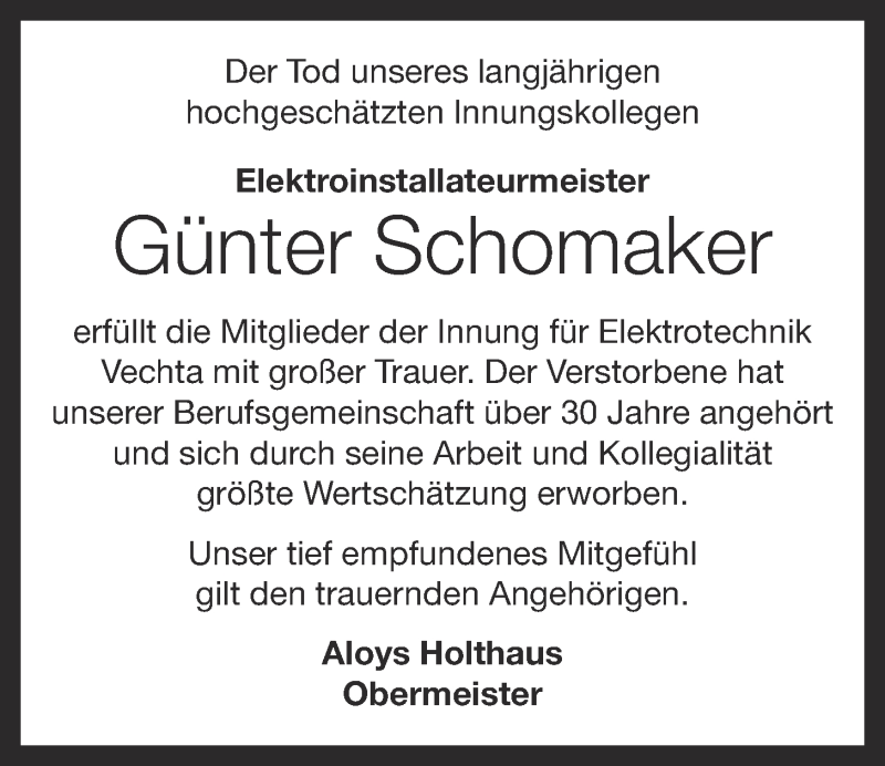 Traueranzeige für Günter Schomaker vom 29.09.2015 aus OM-Medien