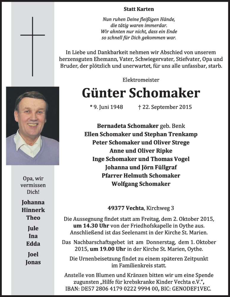  Traueranzeige für Günter Schomaker vom 26.09.2015 aus OM-Medien