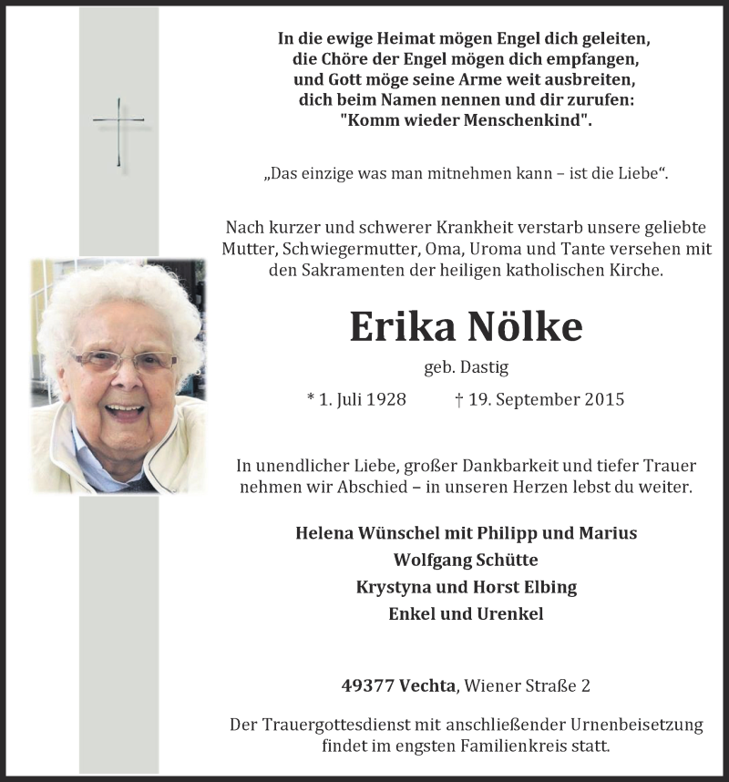  Traueranzeige für Erika Noelke vom 25.09.2015 aus OM-Medien