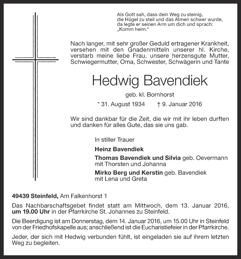  Traueranzeige für Hedwig Bavendiek vom 12.01.2016 aus OM-Medien
