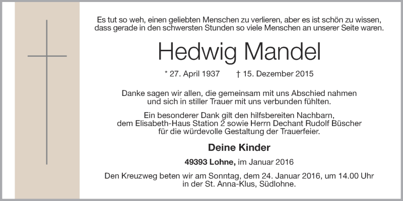 Traueranzeige für Hedwig Mandel vom 22.01.2016 aus OM-Medien
