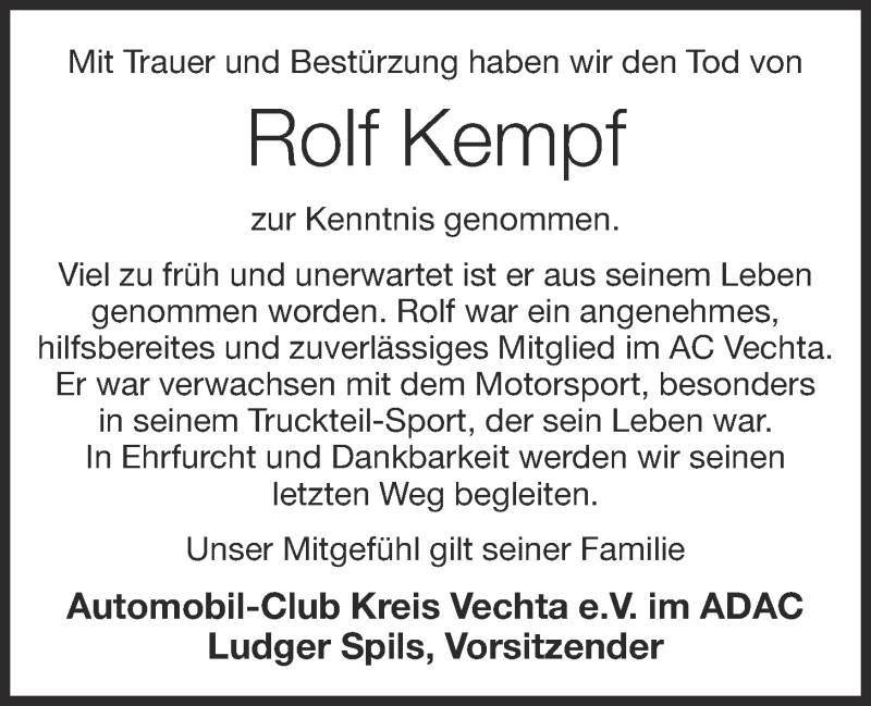  Traueranzeige für Rolf Kempf vom 25.10.2016 aus OM-Medien