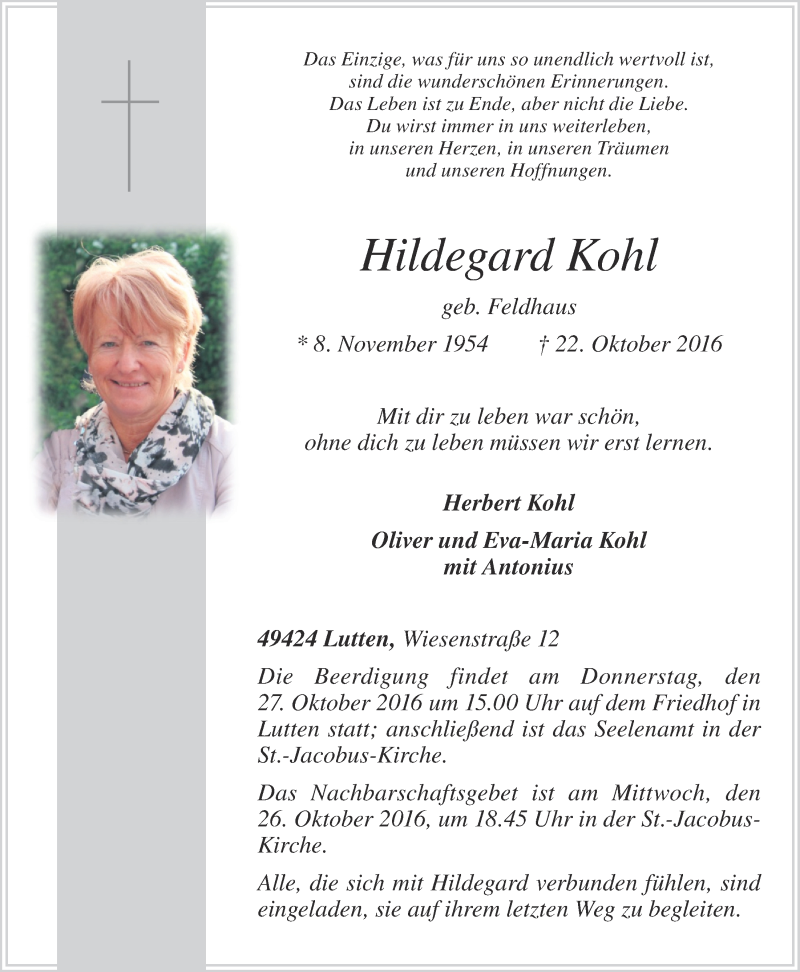  Traueranzeige für Hildegard Kohl vom 24.10.2016 aus OM-Medien