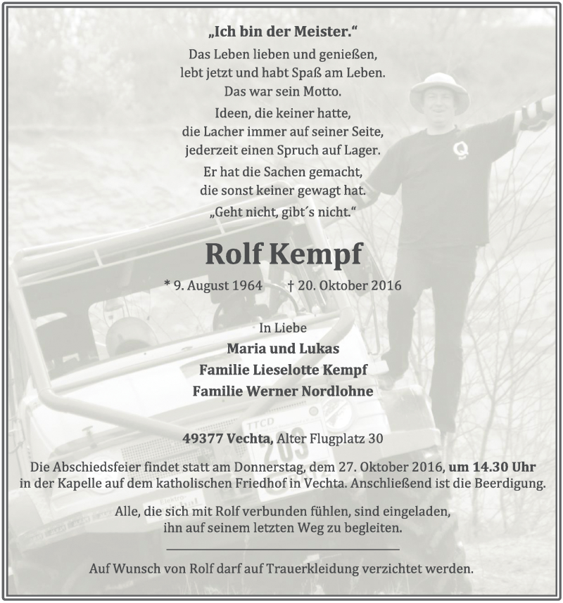  Traueranzeige für Rolf Kempf vom 22.10.2016 aus OM-Medien