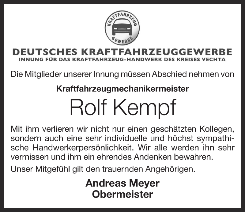  Traueranzeige für Rolf Kempf vom 25.10.2016 aus OM-Medien